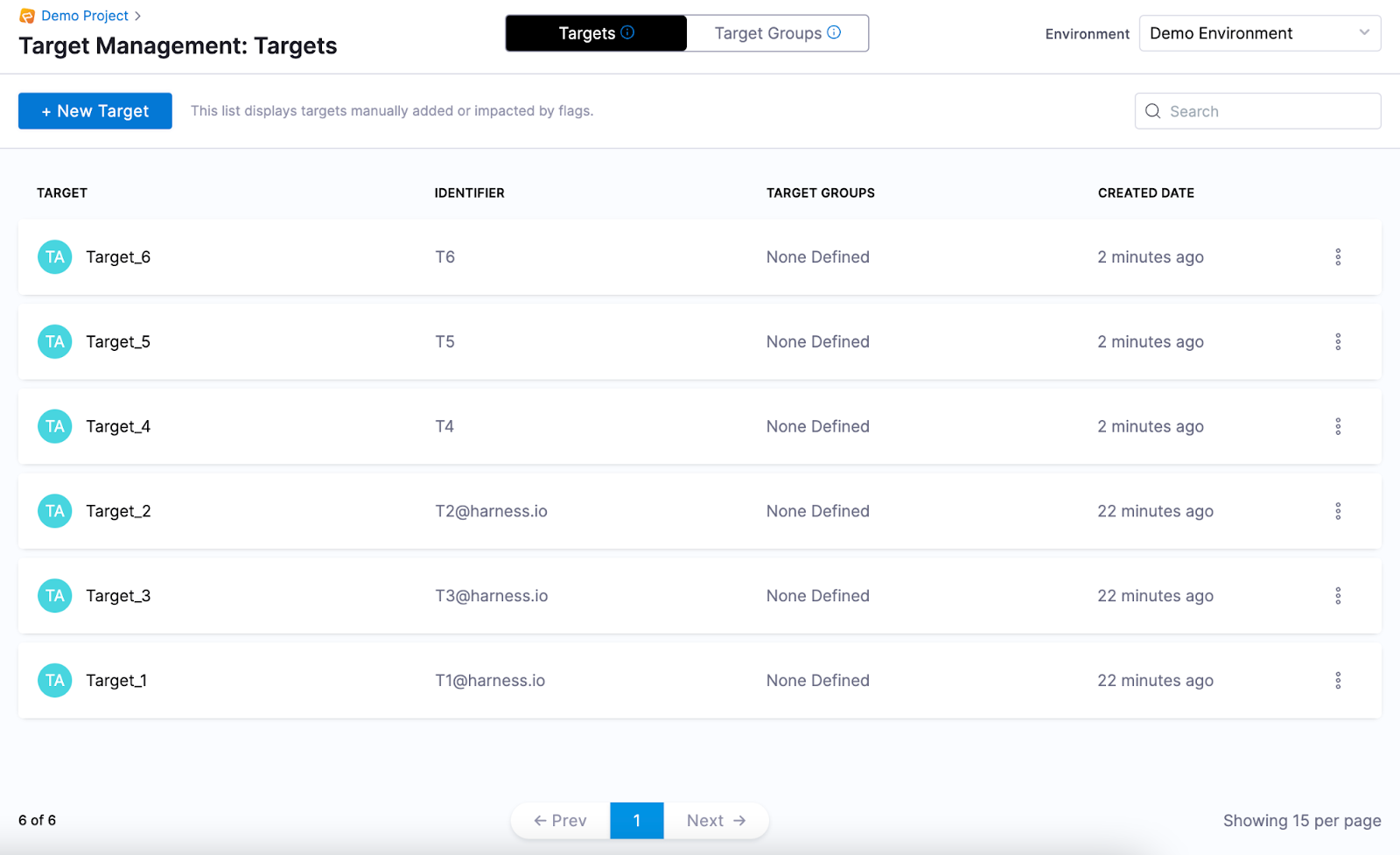 A screenshot of the Target Management page with a list of all the targets.