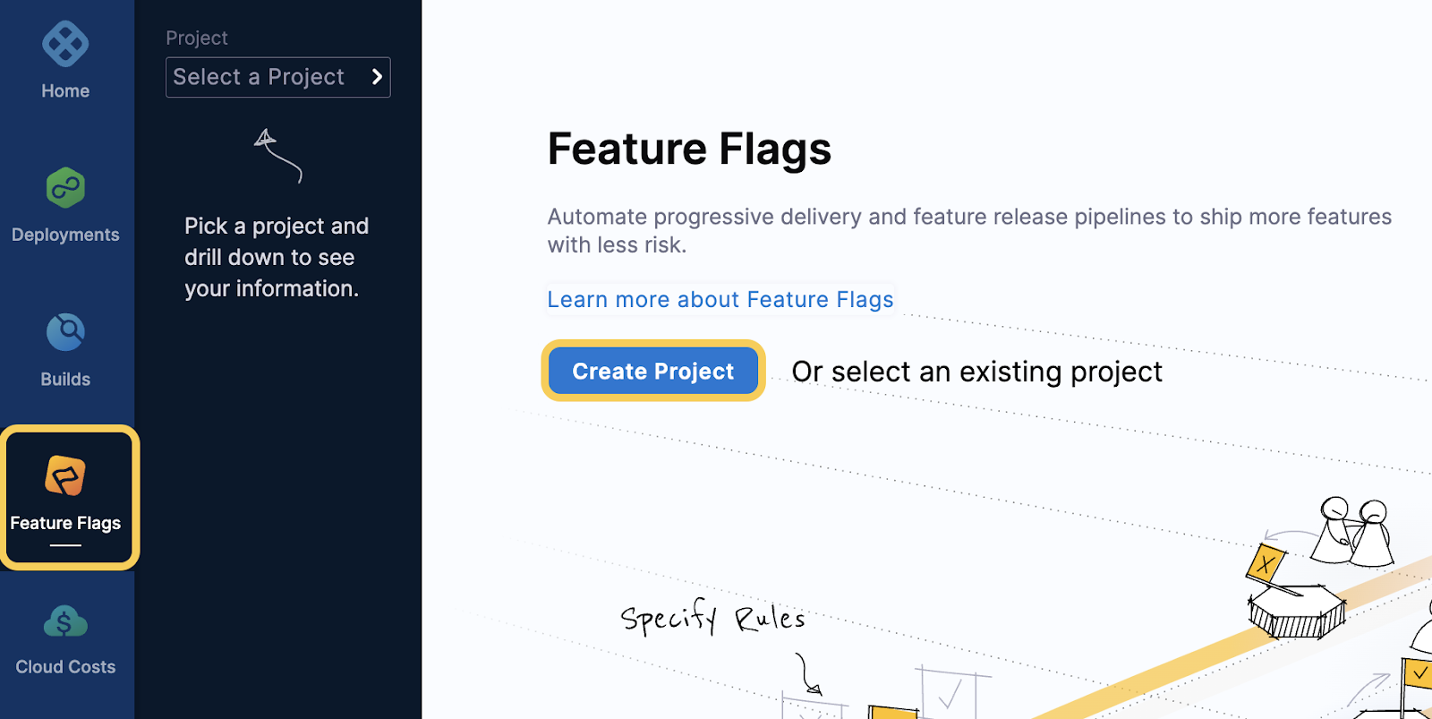 A screenshot of the Harness Platform that highlights the Create Project button in the Feature Flag module.