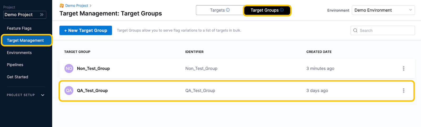 A screenshot of the Target Management page with a target group highlighted
