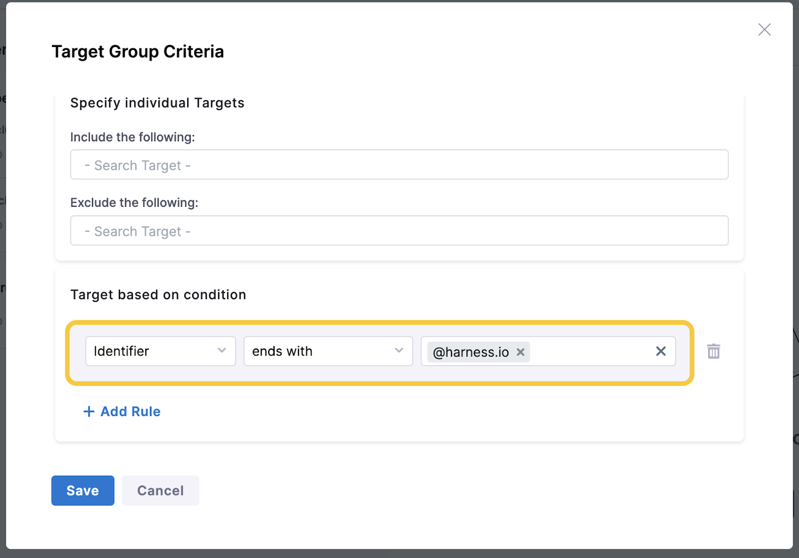 An example of the target group Criteria page with a condition added.