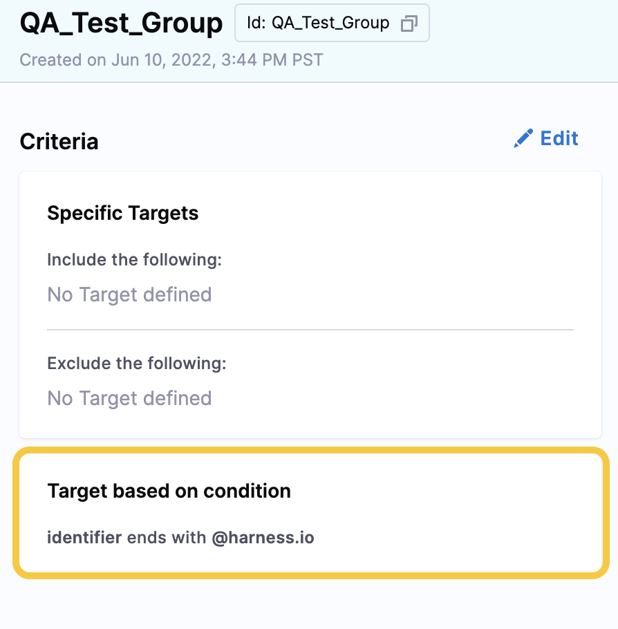 The Target Groups page with the new condition displayed.