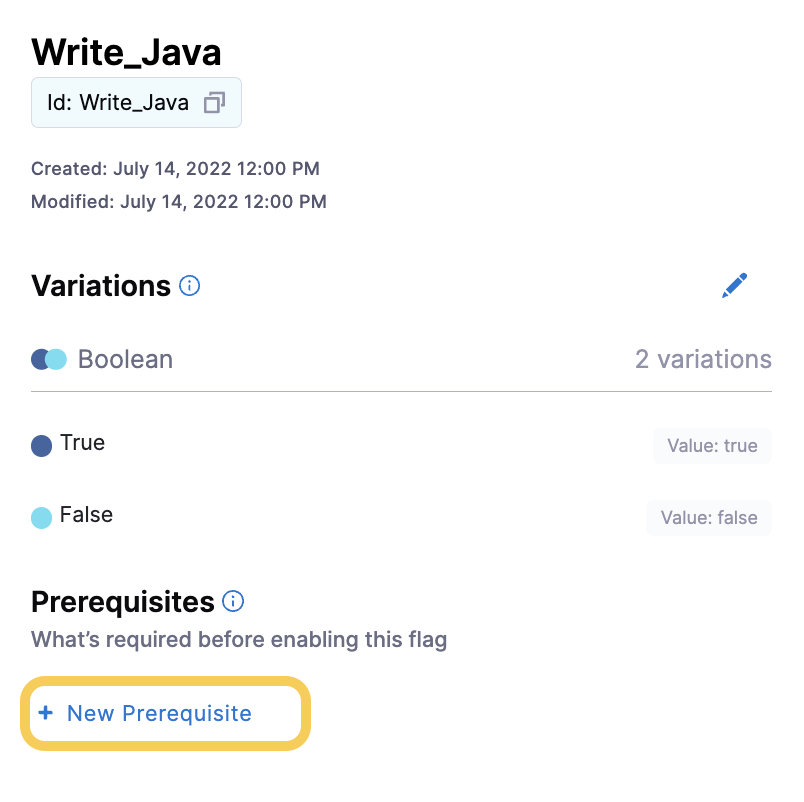 A screenshot of the Write_Java Flag with the Prerequisites button highlighted.
