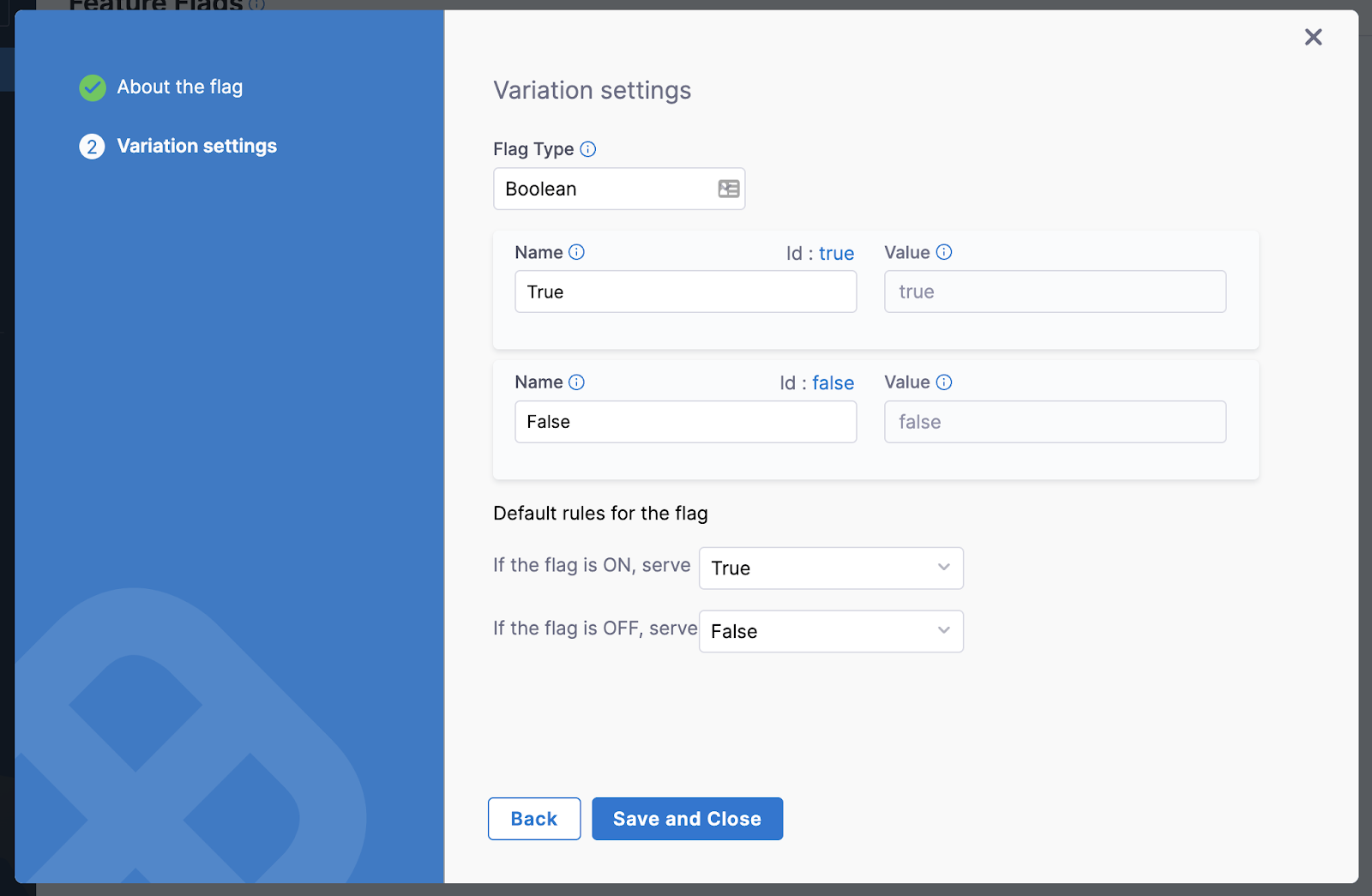 A screenshot of the Variation Settings form when creating a Feature Flag.