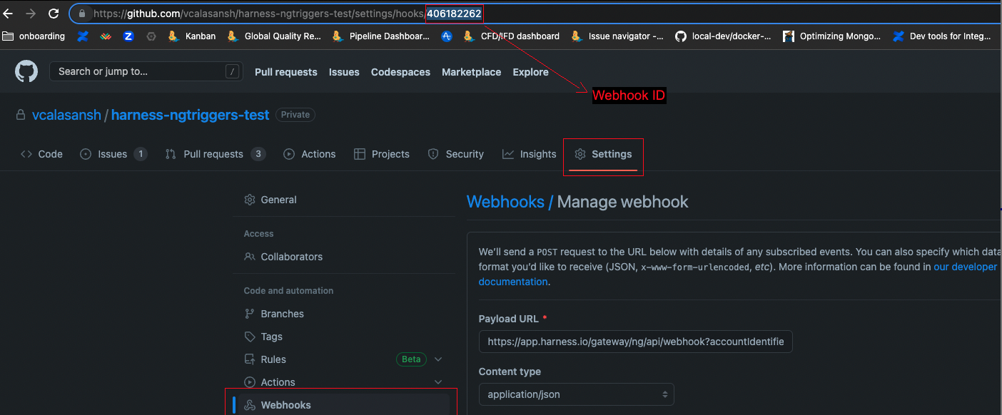 Getting a webhook ID from a GitHub webhook page URL.