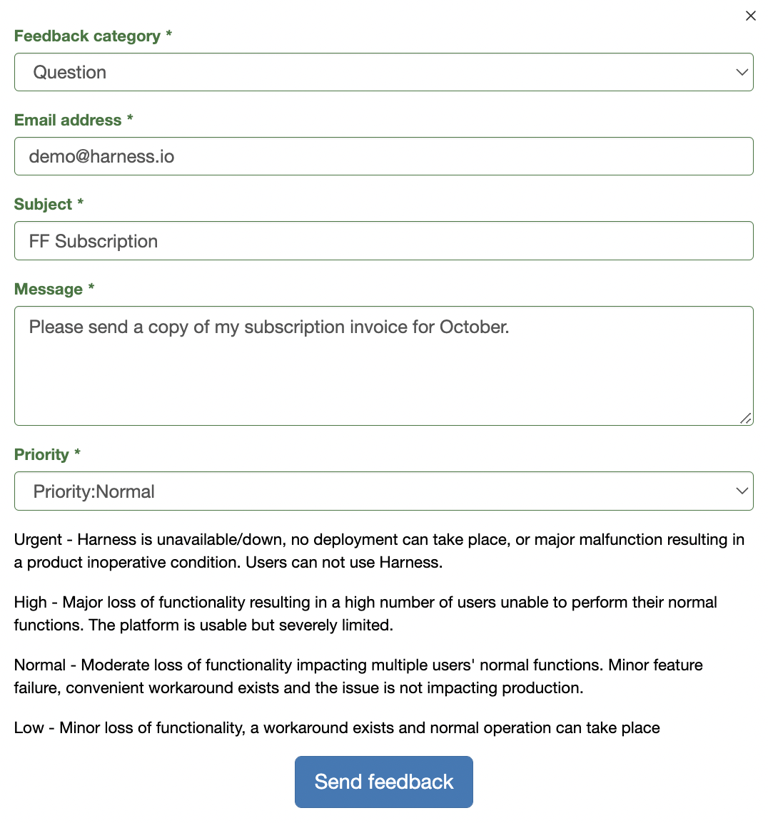 An example of the feedback form for requesting a subscription invoice.