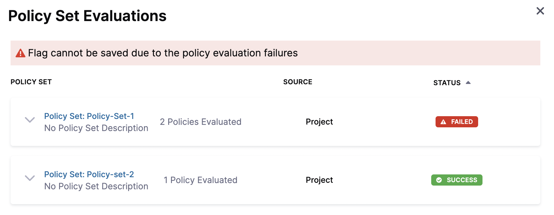 Screenshot of the error message &quot;flag cannot be saved due to the policy evaluation failures&quot;.