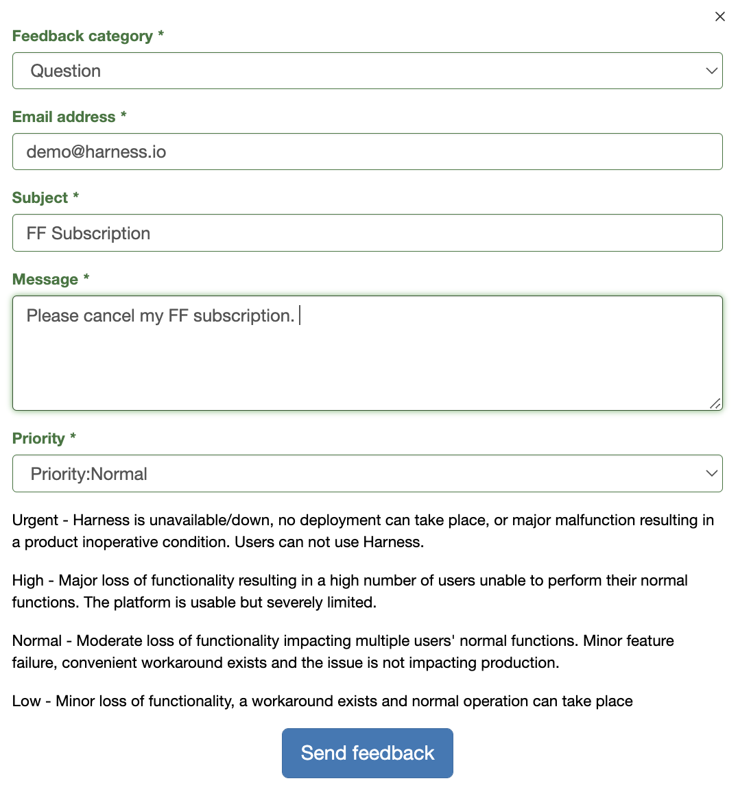 An example of the feedback form requesting cancellation.