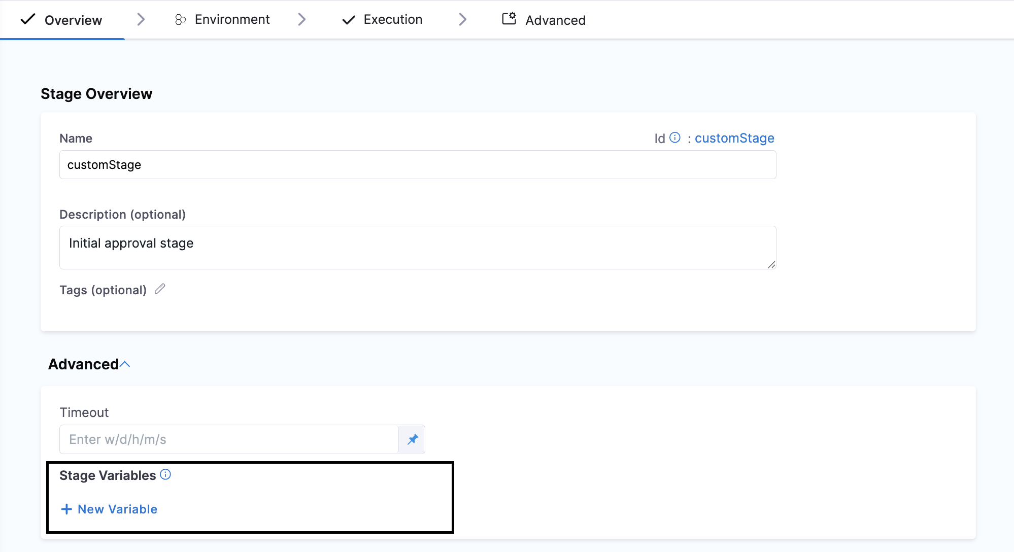 Overview tab showing the Add Variable button in the Advanced section