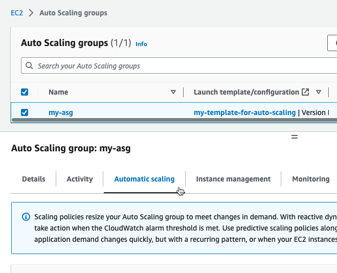 Automatic scaling option in the ASG console setup
