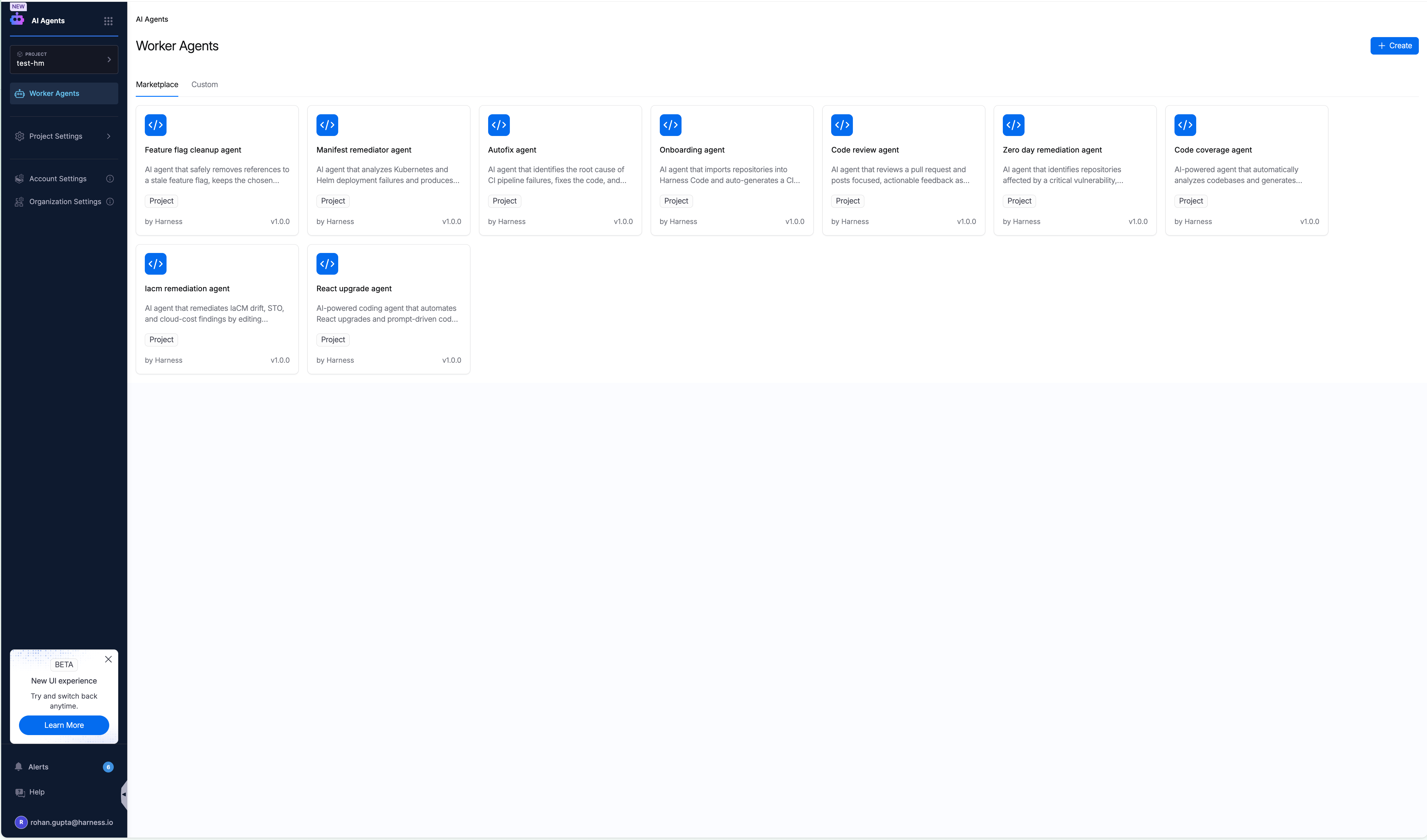 Worker Agent Catalog showing the Marketplace tab with Harness-managed agents including Feature flag cleanup, Manifest remediator, Autofix, Onboarding, Code review, Zero day remediation, Code coverage, IaCM remediation, and React upgrade agents