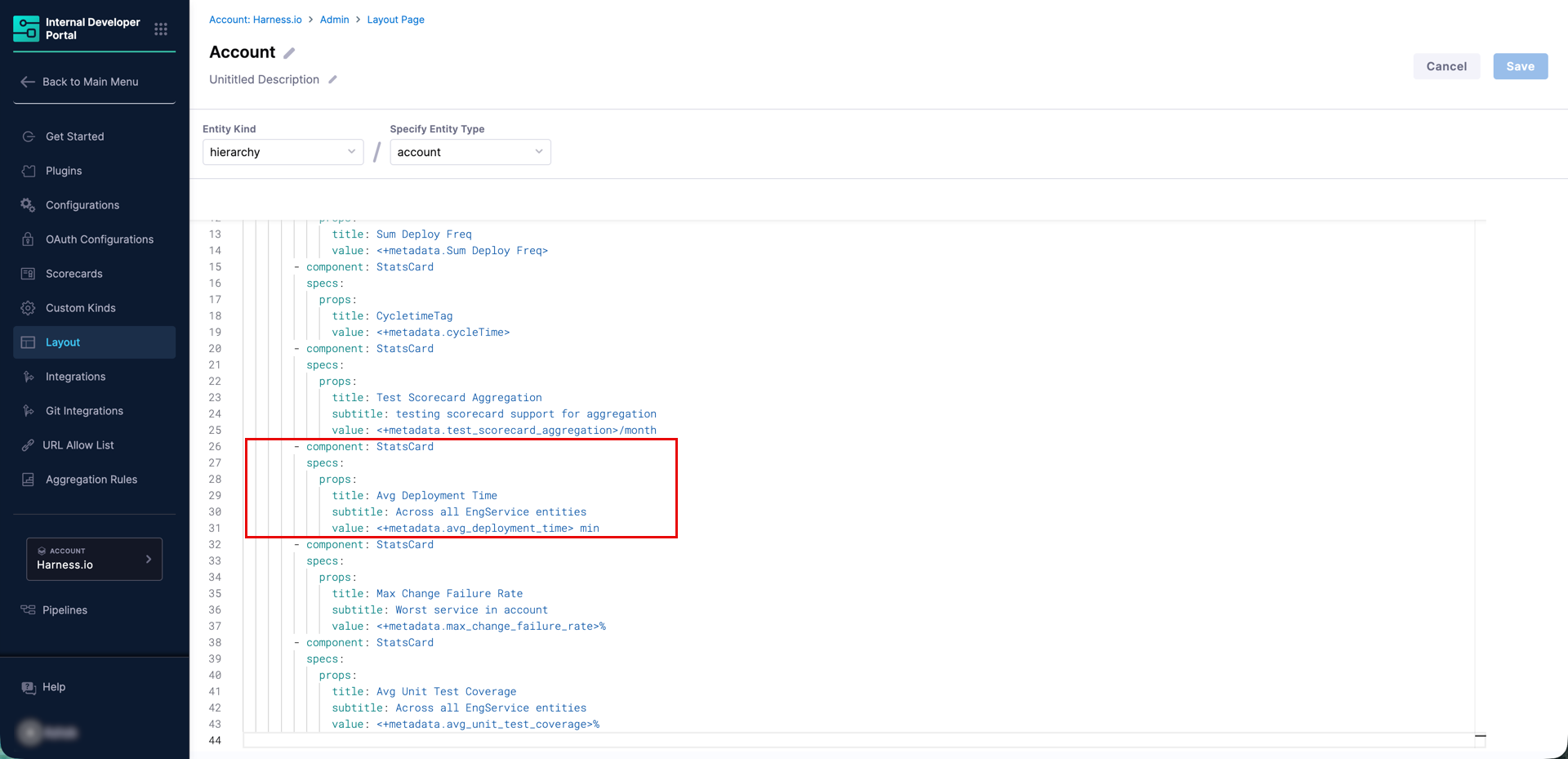Layout editor showing StatsCard configuration