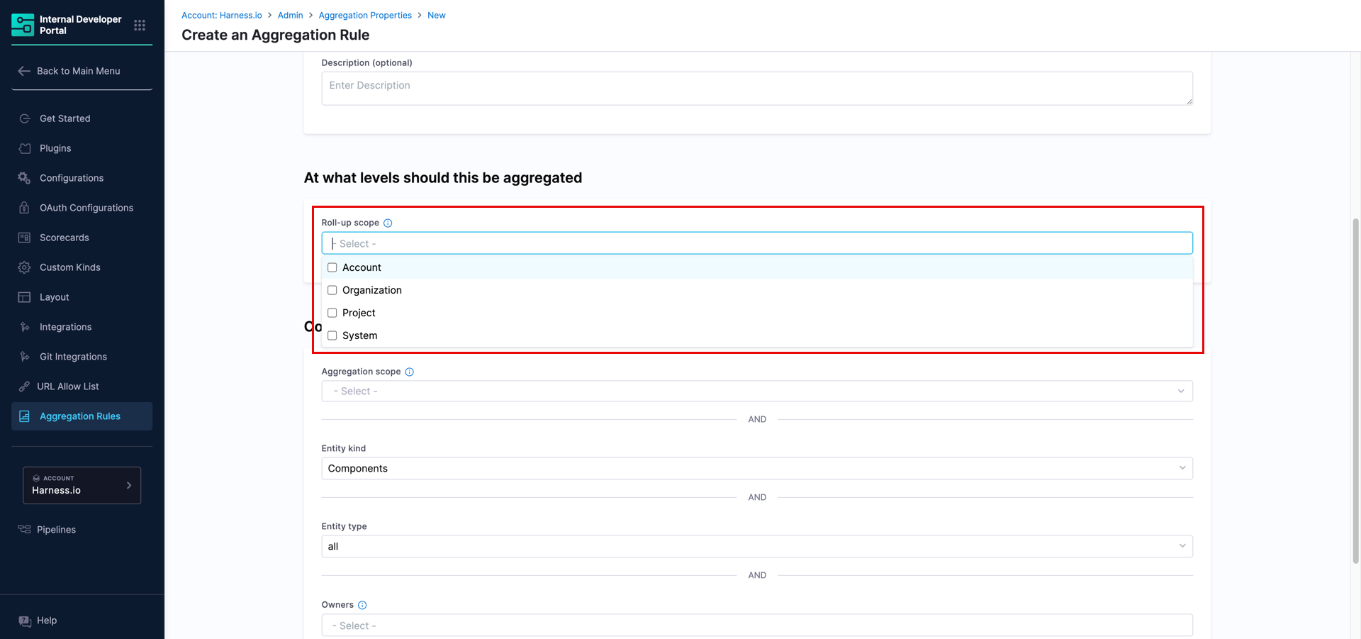 Roll-up scope dropdown