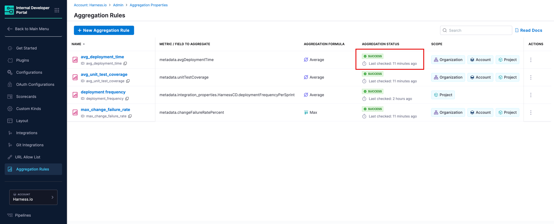Aggregation Rules list showing rule with SUCCESS status