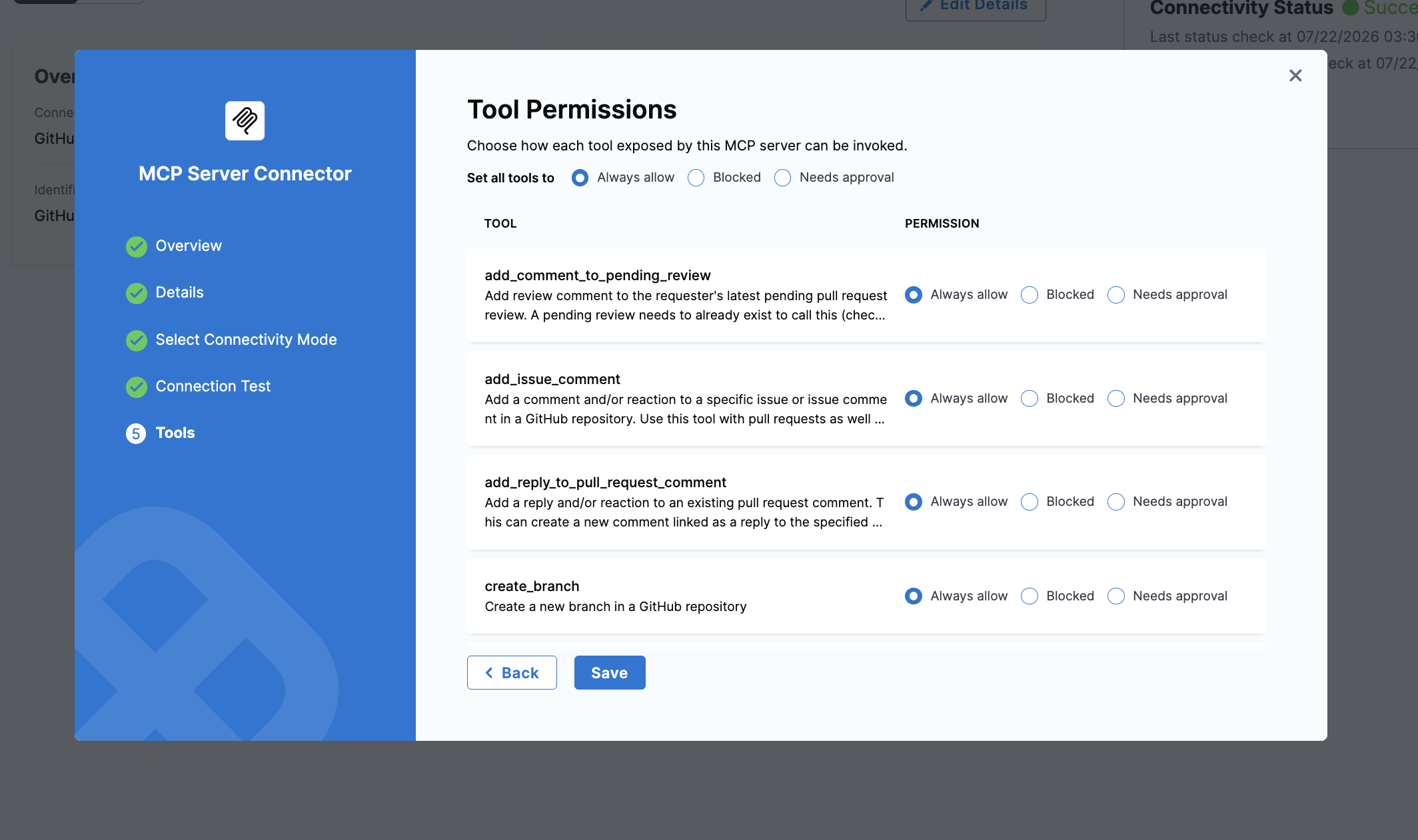 MCP Server Connector Tools step showing the Set all tools to selector and per-tool Always allow, Blocked, and Needs approval radio buttons