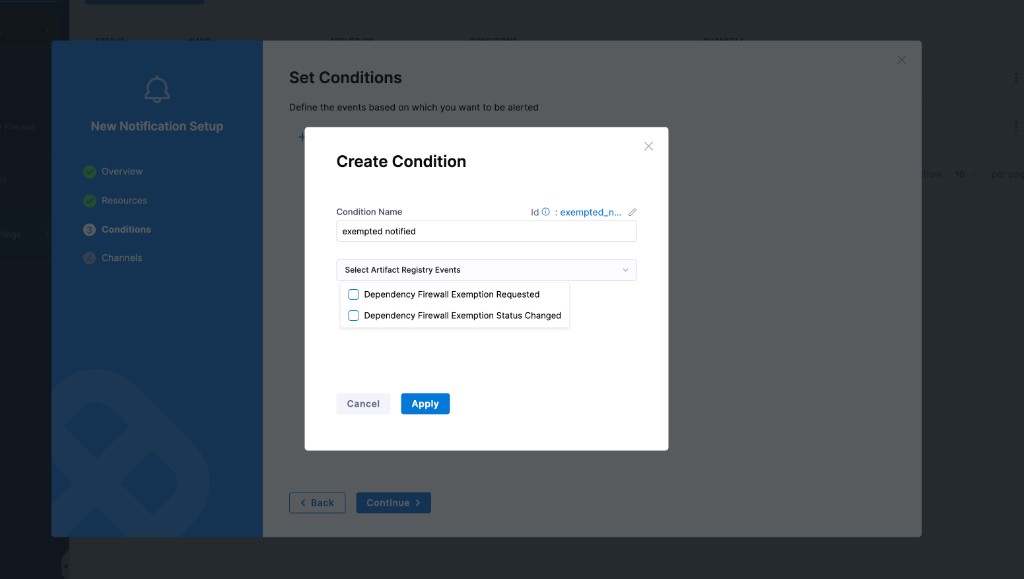 Conditions step of the Artifact Registry notification wizard with the Dependency Firewall events selected