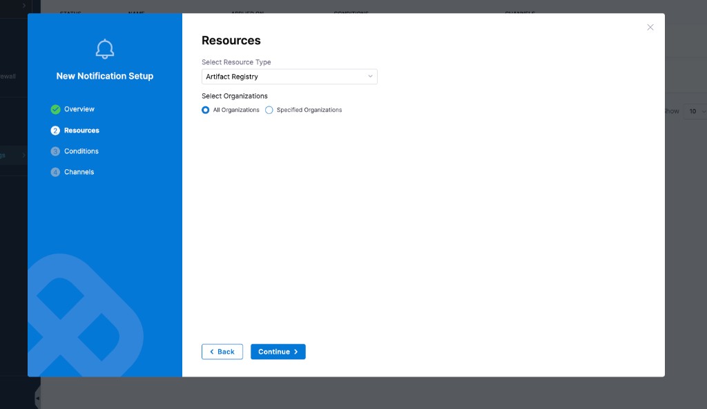 Artifact Registry notification rule wizard with Resource Type set to Artifact Registry and a scope selection