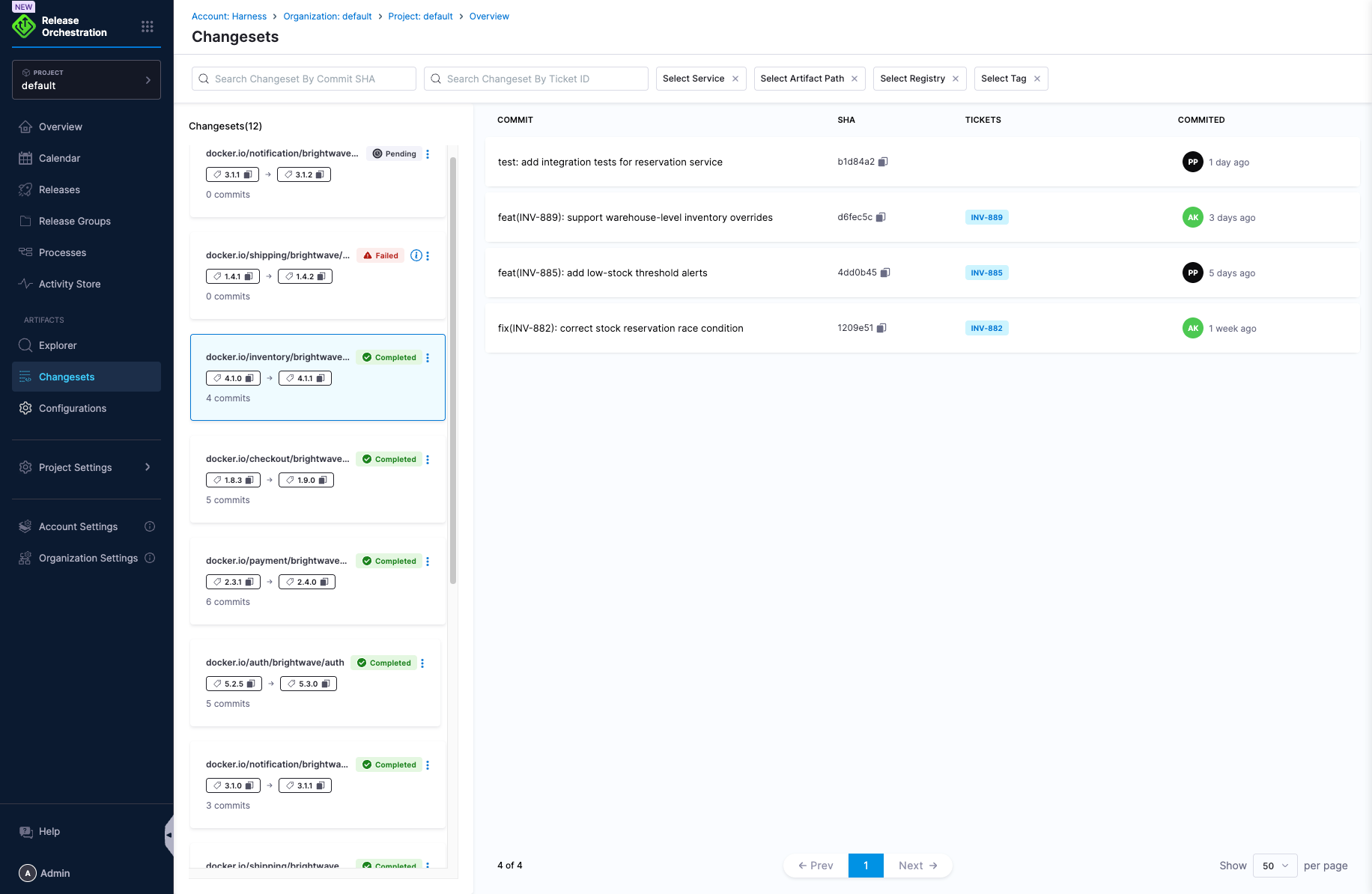 Changeset details showing commits and linked tickets
