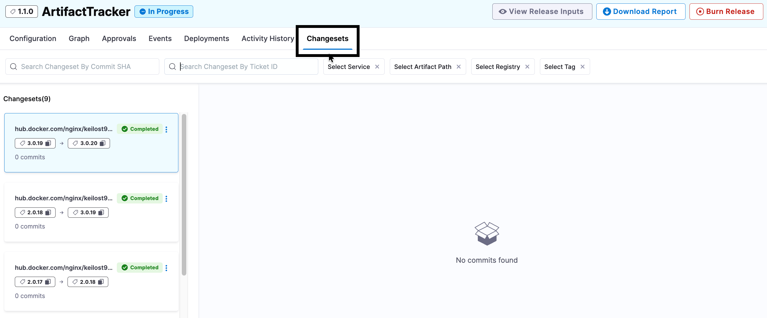 Changesets view in a release