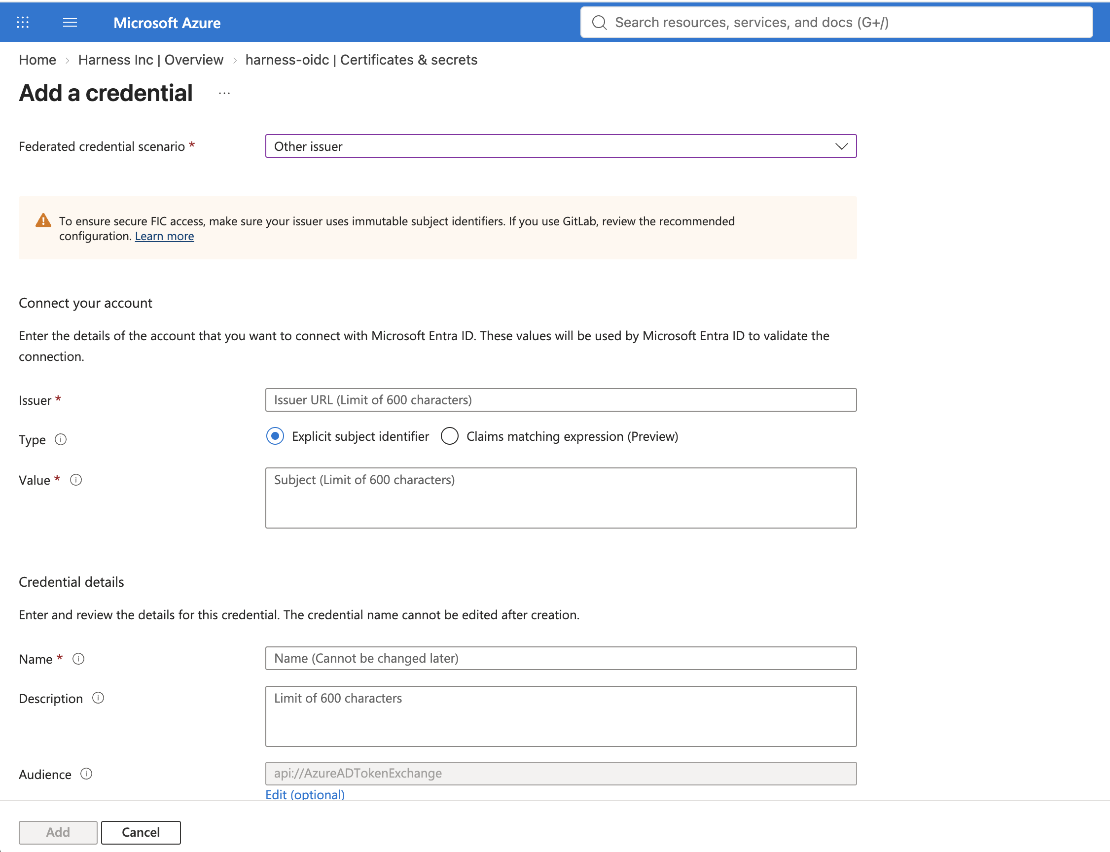 Click to view full size image Azure Add a credential panel showing the Other issuer scenario with Issuer, Value, and Audience fields.