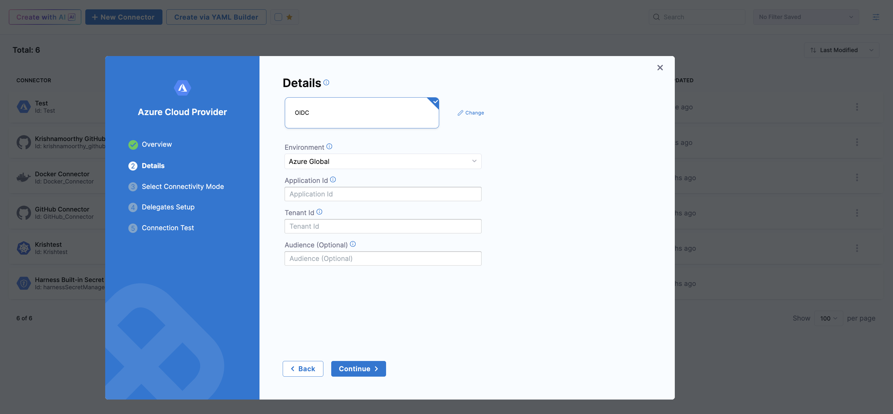 Click to view full size image Harness Azure connector Details screen showing the OIDC Authentication option selected with Environment, Application Id, Tenant Id, and Audience fields.