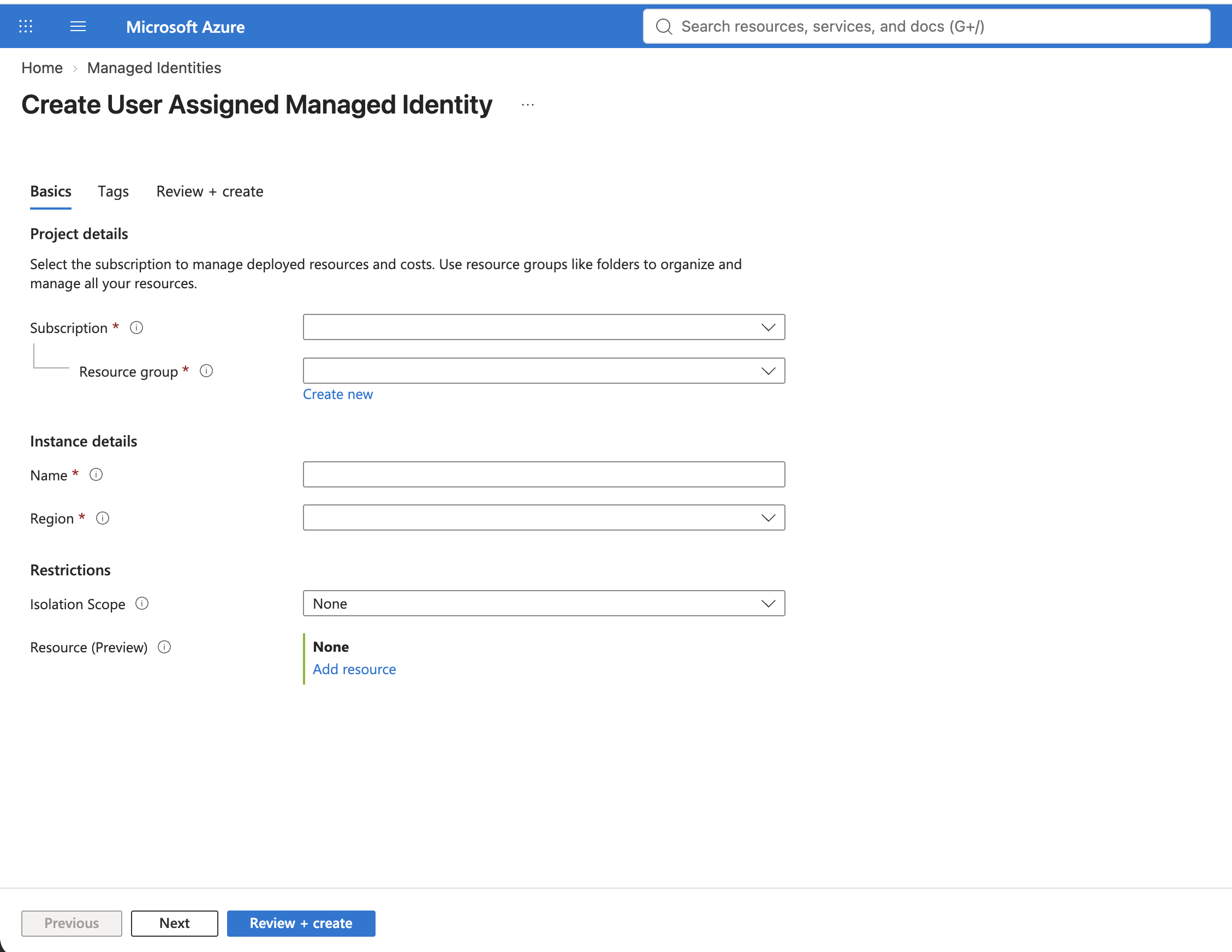 Click to view full size image Azure Create User Assigned Managed Identity form showing Subscription, Resource group, Name, and Region fields.