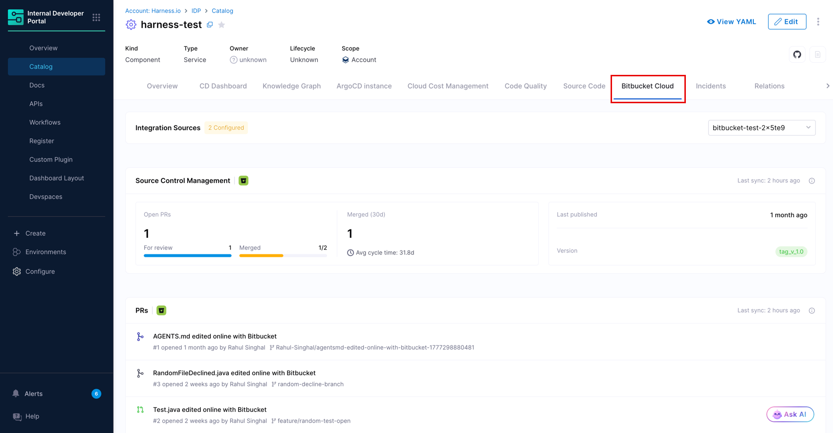 Bitbucket Cloud tab showing full resource details