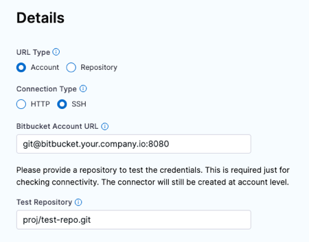 Bitbucket connector Details settings configured to connect to an On-Prep account using an SSH URL with a port number.