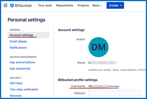 Bitbucket Personal settings screen, highlighting the Account settings page and the Username field.