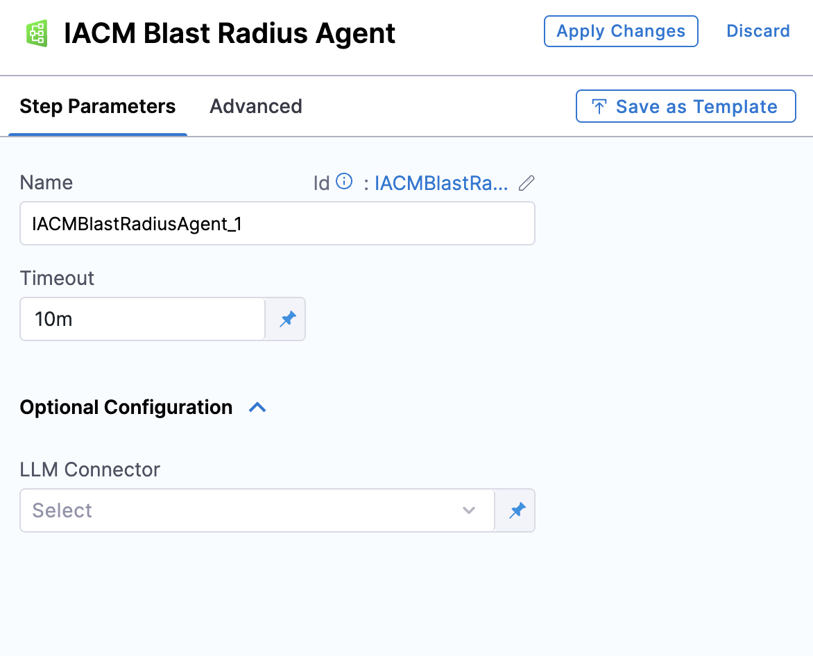 IaCM Blast Radius Agent step configuration panel showing Name, Timeout, and LLM Connector fields