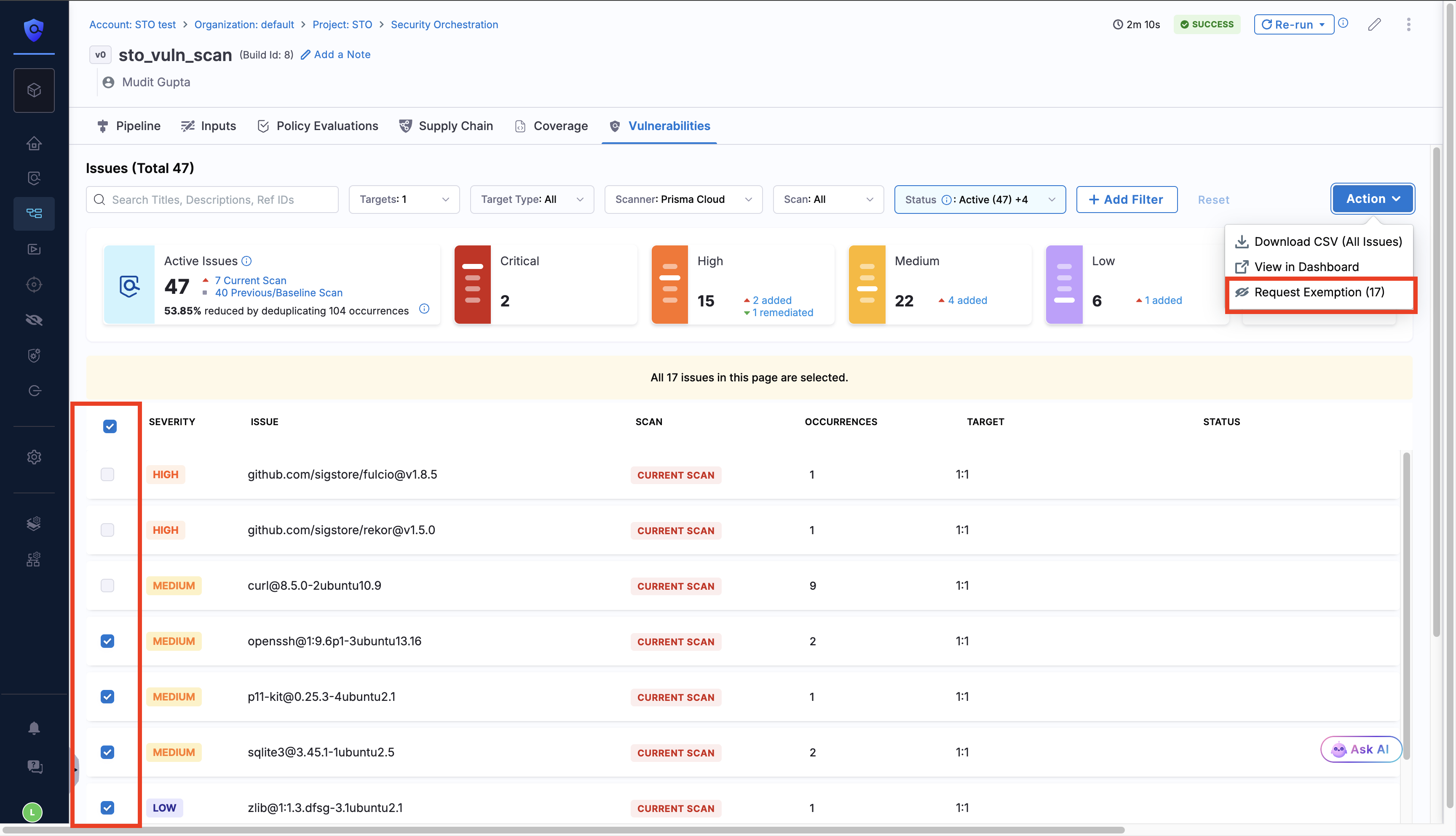Action menu on the Vulnerabilities tab with Request Exemption (19) highlighted