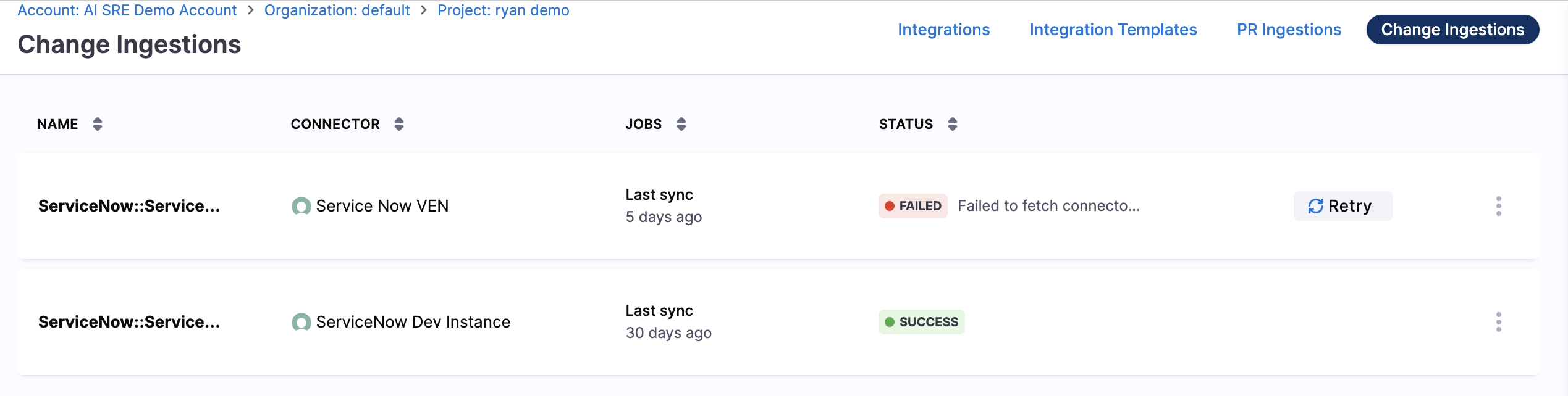 Change Ingestions tab listing connector-based change ingestion jobs with connector, last sync time, and status, including a failed job with a Retry action