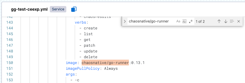 Experiment YAML file with chaosnative/go-runner highlighted