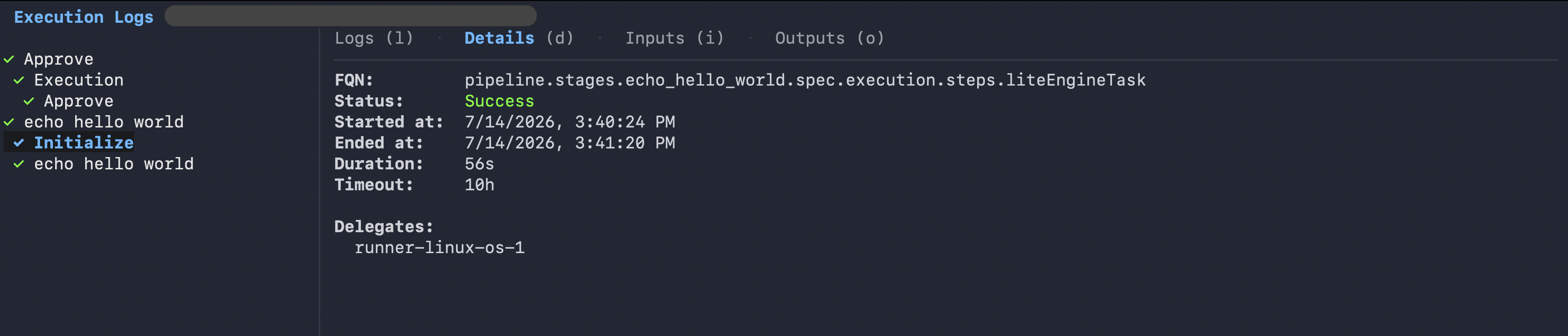 TUI execution details tab showing FQN, status, duration, timeout, and delegate name