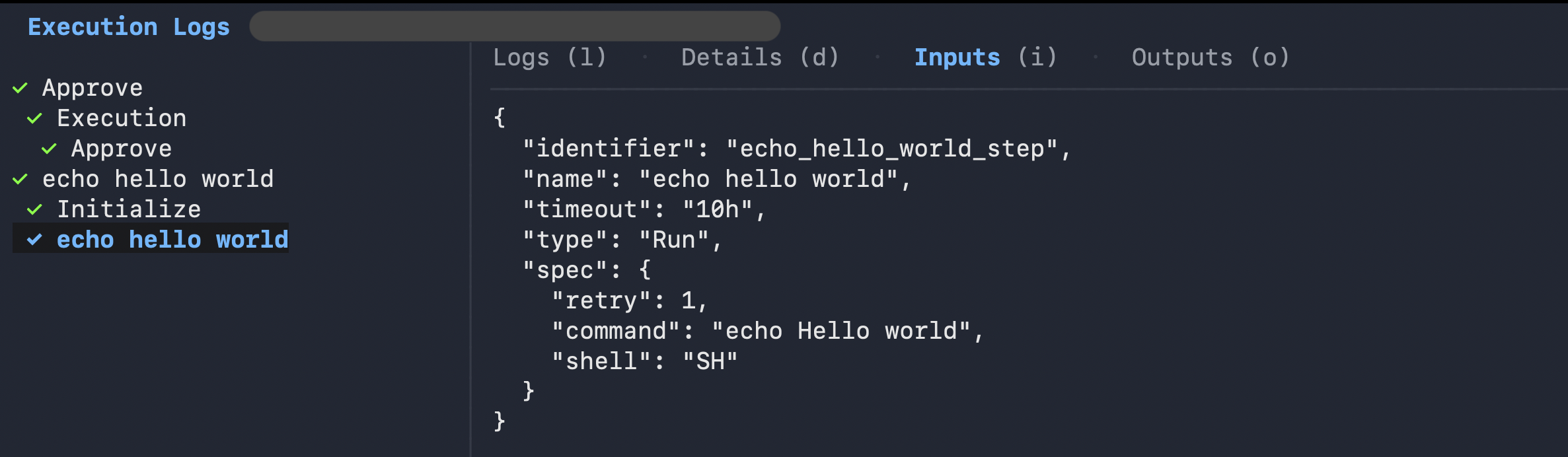 TUI execution inputs tab showing step configuration JSON including identifier, name, timeout, type, and spec