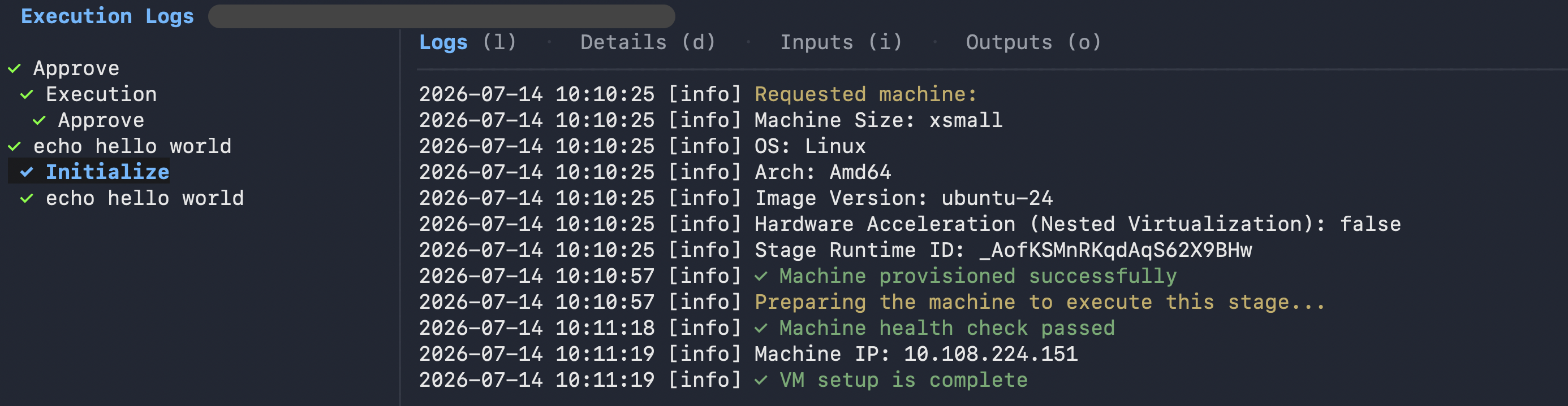 TUI execution logs tab showing Initialize step with machine provisioning output