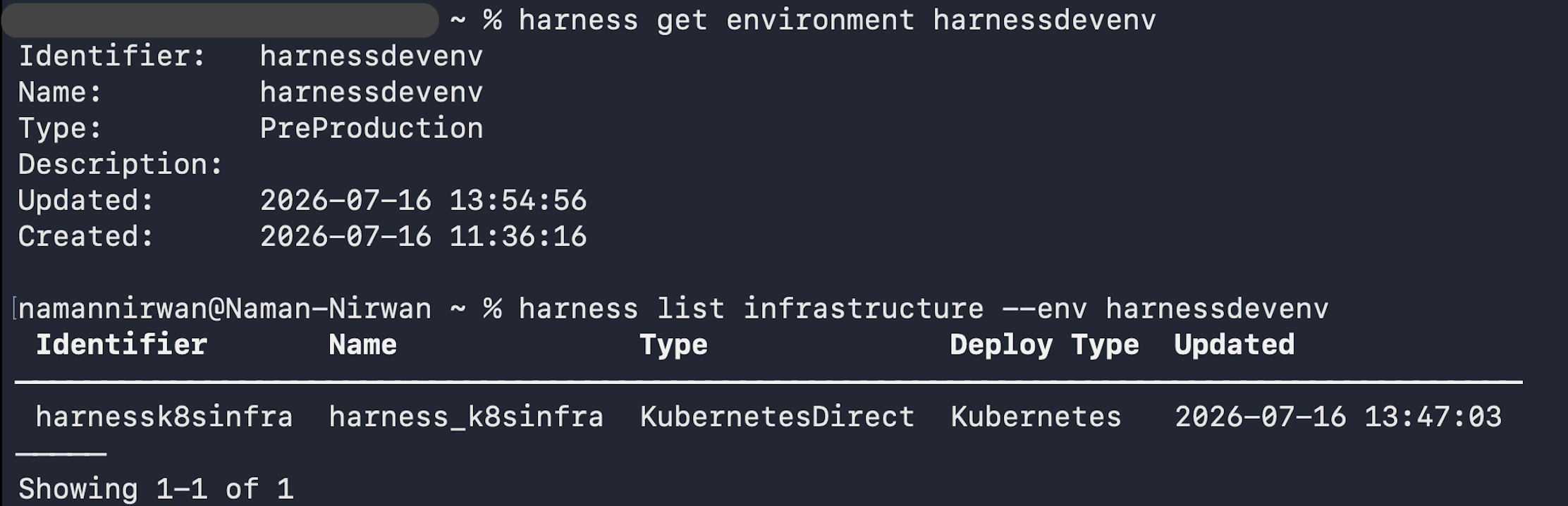 Output of harness get environment and harness list infrastructure showing infrastructure identifier, name, type, deploy type, and updated columns