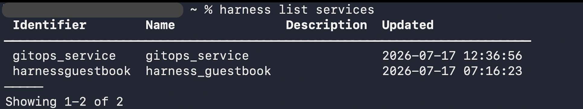 Output of harness list service showing identifier, name, description, and updated columns