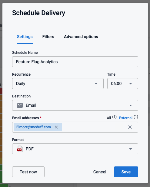 The Schedule Delivery dialog with 3 tabs: Settings, Filters, Advanced options.