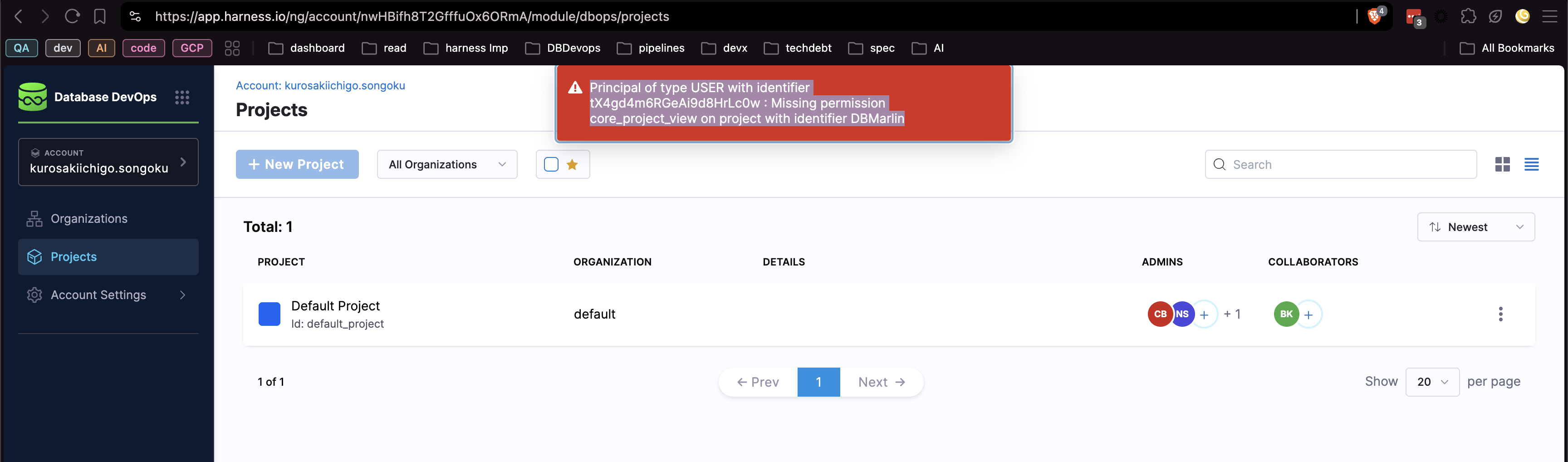 Permission error for a user who is missing the core_project_view permission on a project