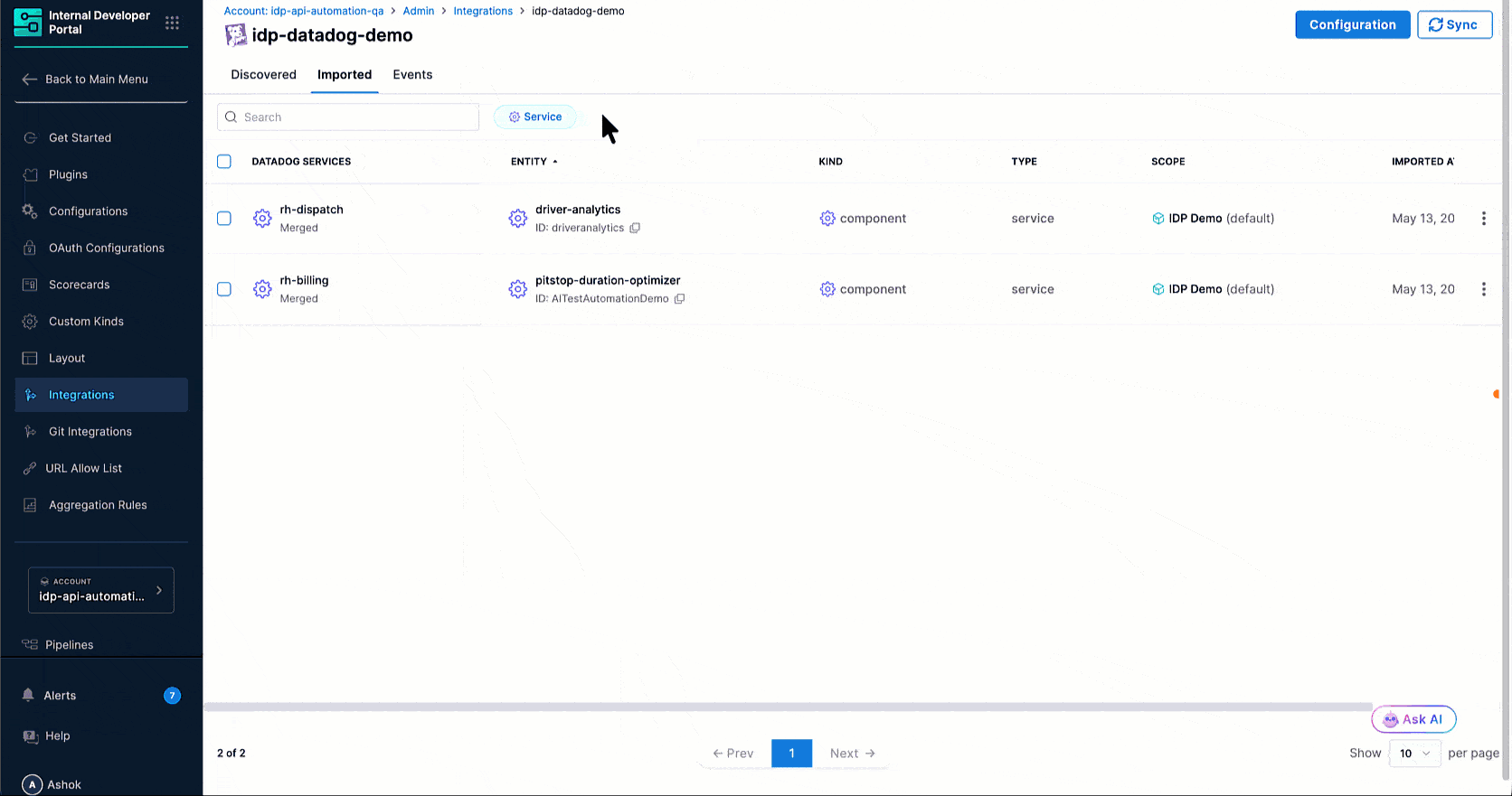 Catalog entity page for a Datadog-imported service