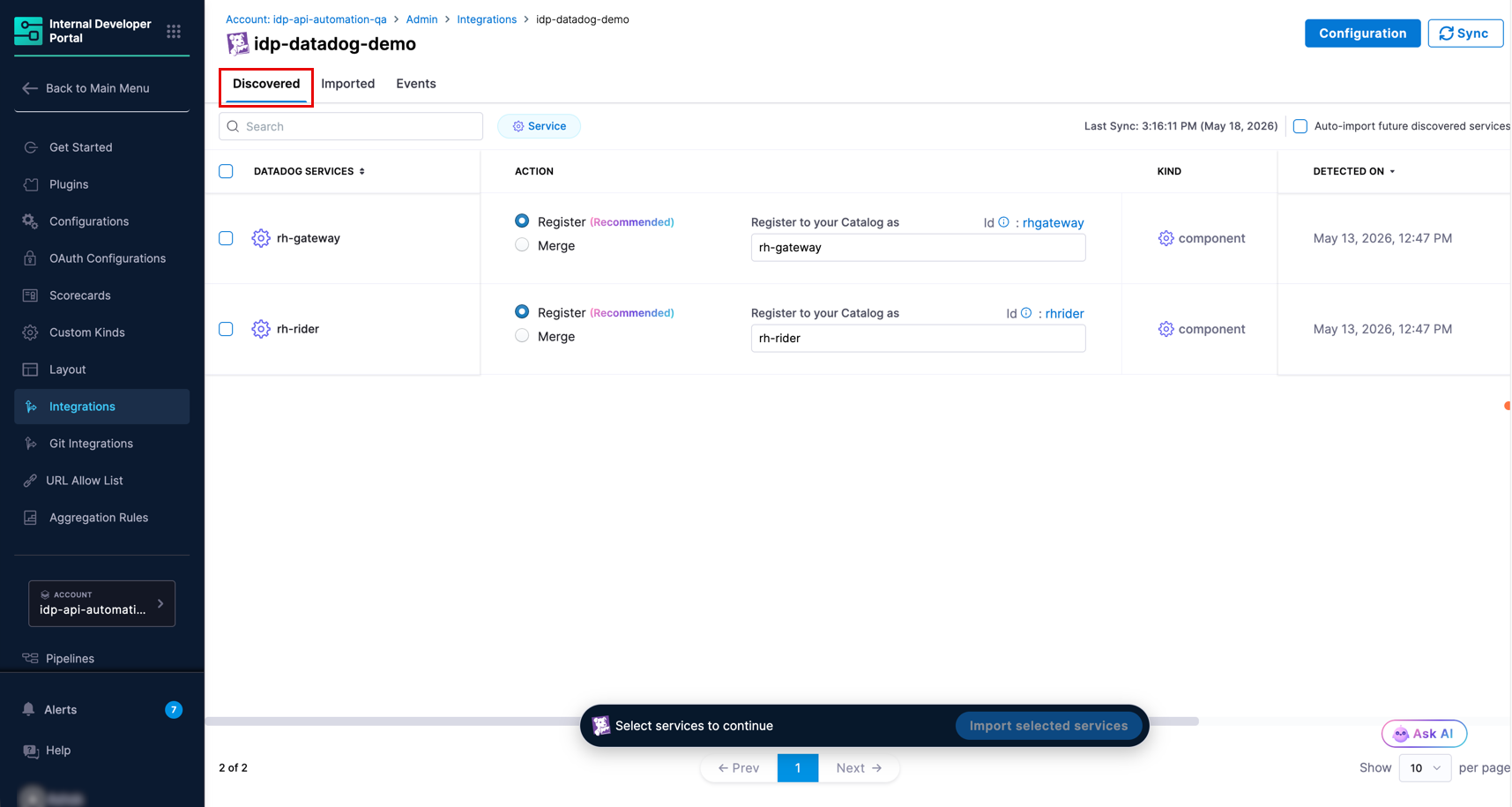 Discovered tab showing Discovering Services state