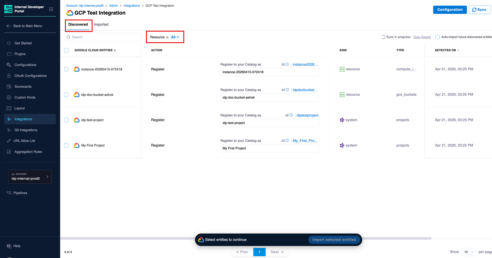'Discovered' tab showing GCP Resources