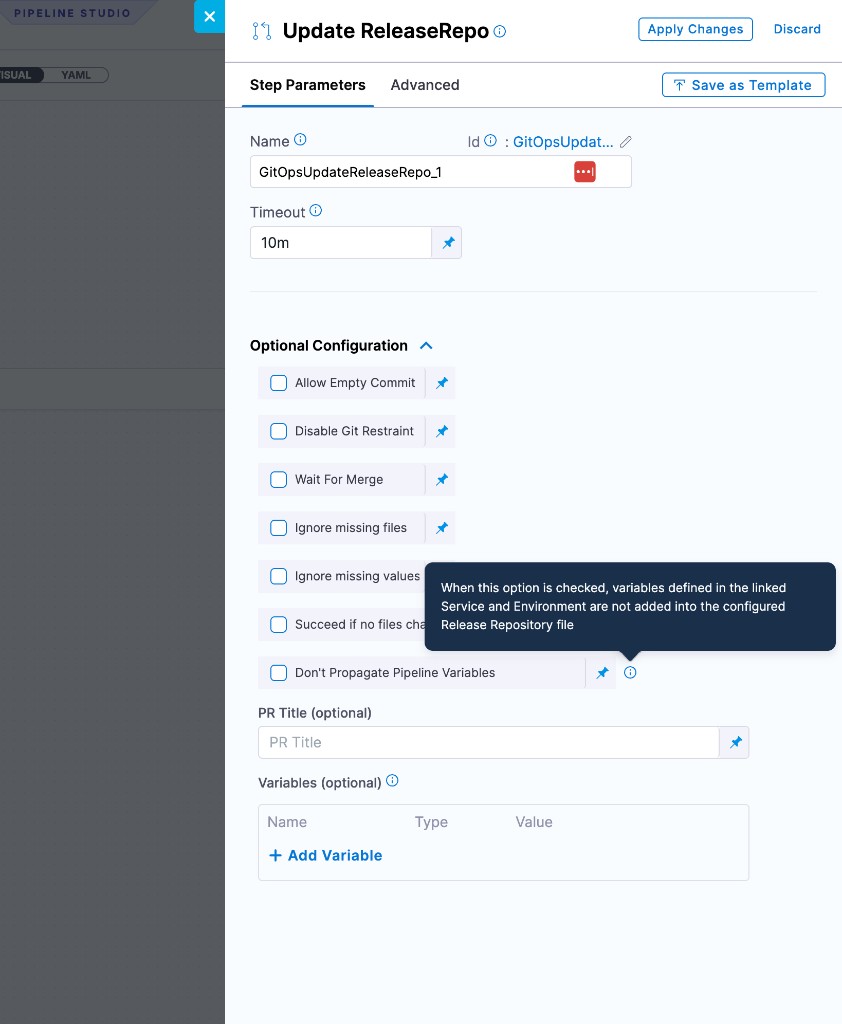 Don't Propagate Pipeline Variables option in Update Release Repo