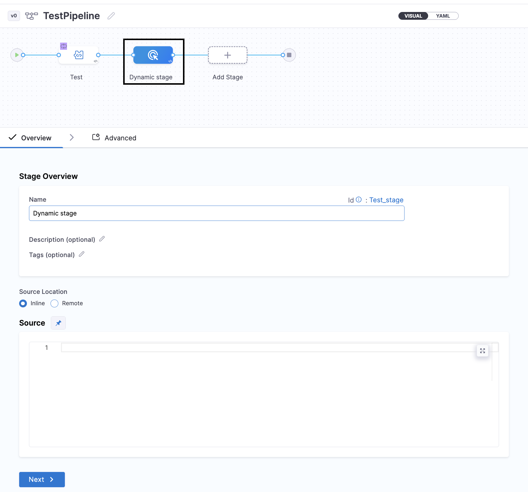 Dynamic stage configuration showing Source Location option