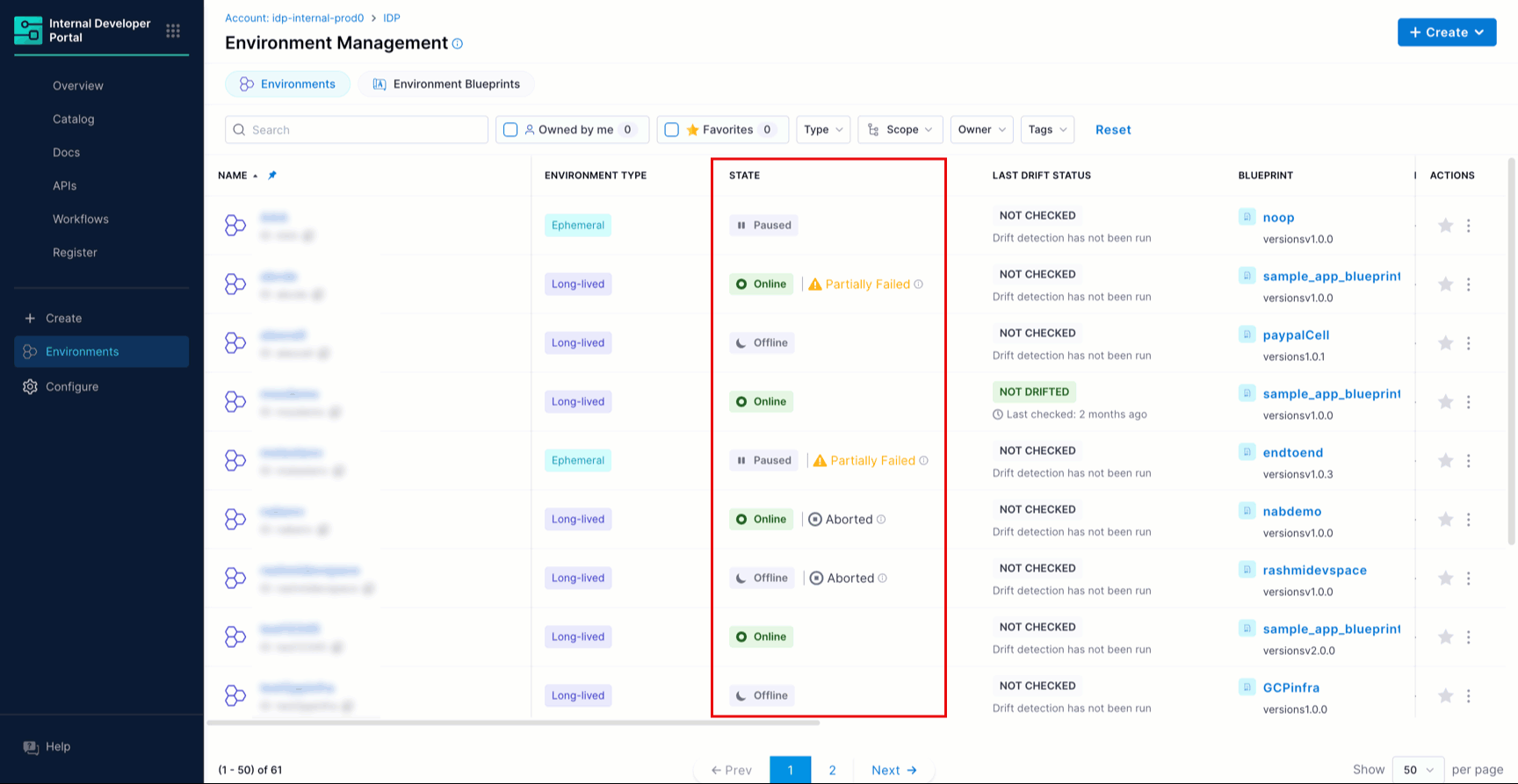 Animation showing environment state transitions across Online, Offline, and Paused statuses