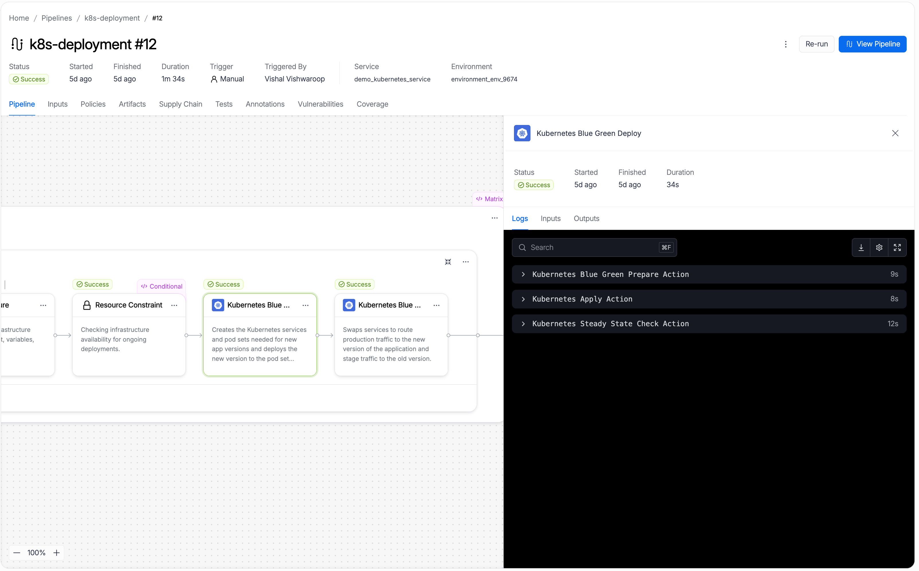 The Kubernetes Blue Green Deploy step open in the execution view, showing three internal log sections: Kubernetes Blue Green Prepare Action, Kubernetes Apply Action, and Kubernetes Steady State Check Action.