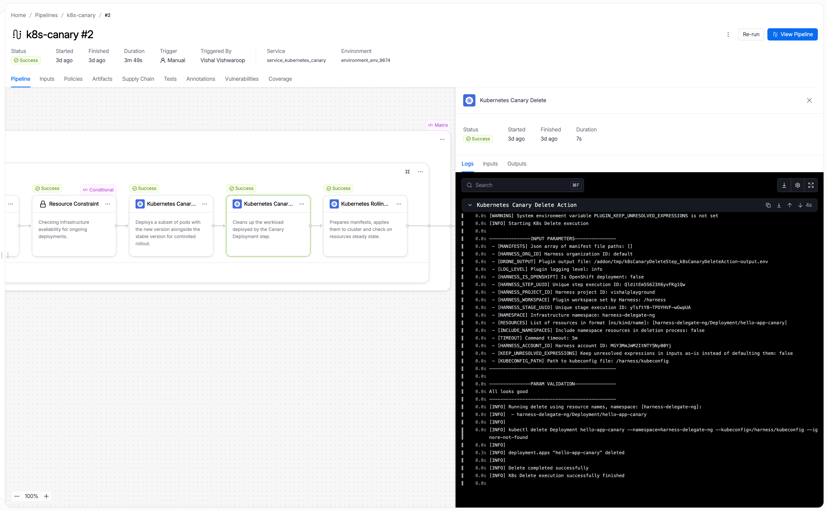 The Kubernetes Canary Delete step open in the execution view, showing the Kubernetes Canary Delete Action log. The log shows the resource list, the kubectl delete command targeting the canary Deployment, and the Delete completed successfully message.