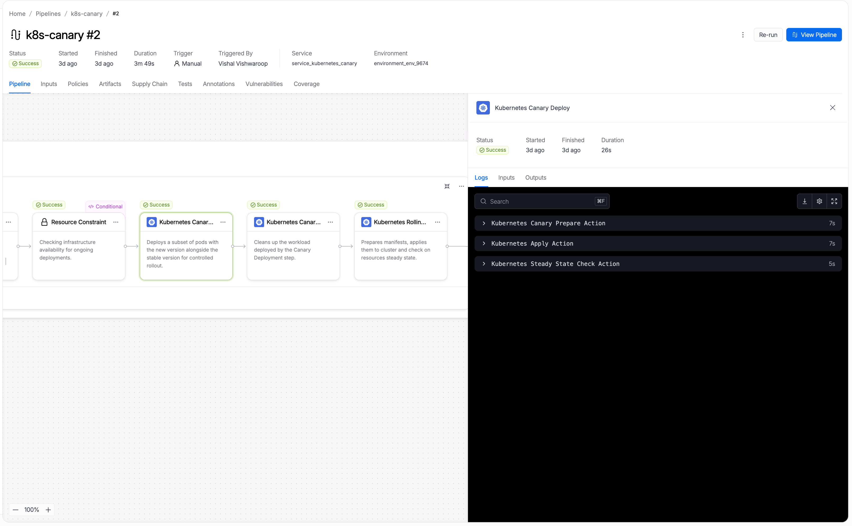 The Kubernetes Canary Deploy step open in the execution view, showing three internal log sections: Kubernetes Canary Prepare Action, Kubernetes Apply Action, and Kubernetes Steady State Check Action.