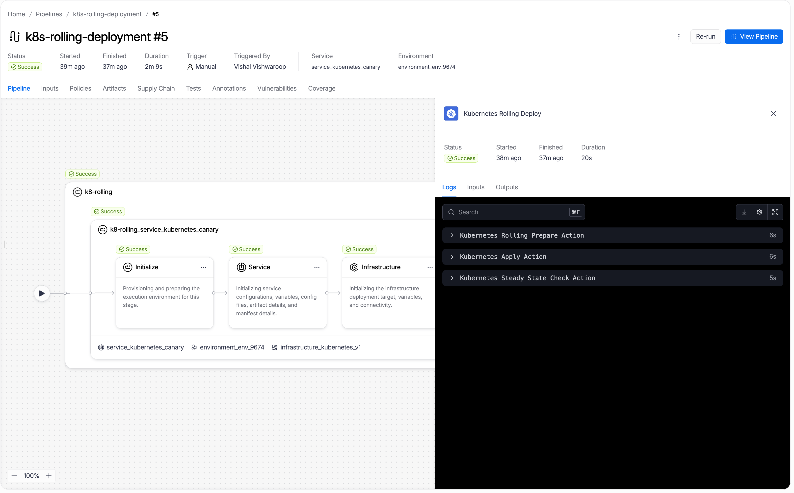 The Kubernetes Rolling Deploy step open in the execution view, showing three internal log sections: Kubernetes Rolling Prepare Action, Kubernetes Apply Action, and Kubernetes Steady State Check Action.
