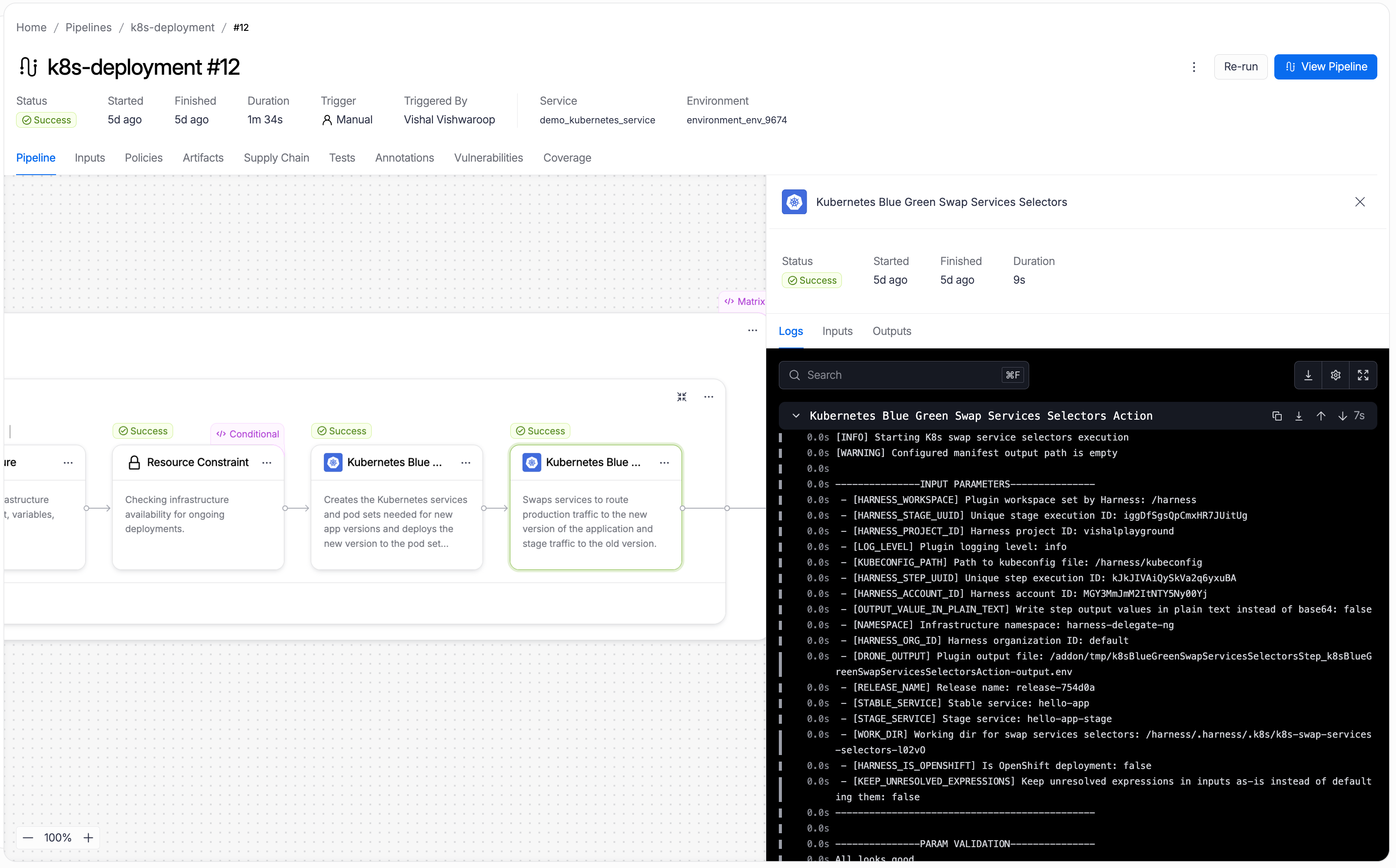 The Kubernetes Blue Green Swap Services Selectors step open in the execution view, showing the Kubernetes Blue Green Swap Services Selectors Action log with input parameters, service names, color swap output, and completion message.